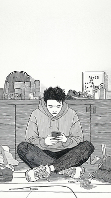 JPG 감정 일러스트 휴식 바닥 청년 일상 생활 스마트폰 청결 방 메시지 혼잡 집중 오브젝트 심플 정리 소통 주거공간 혼자 국내일러스트 AI일러스트 AI콘텐츠 컨셉 성인 라이프 핸드폰 스마트기기 공간 위생 파일형식