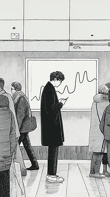 JPG 남자 시계 이동 일러스트 대중교통 표정 여러명 일상 스마트폰 머리 기차 도시 시간 전철 역 그림 바쁨 승객 소통 국내일러스트 AI일러스트 AI콘텐츠 육상교통 교통수단 다수 컨셉 교통시설 사람 라이프 신체부위 핸드폰 스마트기기 파일형식