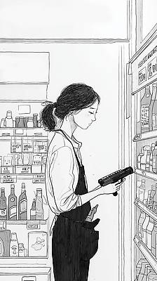 JPG 손 여자 음료 일러스트 선반 쇼핑 상점 화장품 전시 작업 소비 상품 쇼핑몰 집중 직원 바코드 아르바이트 스캐너 스캔 스태프 국내일러스트 AI일러스트 AI콘텐츠 가구 컨셉 사람 신체부위 뷰티 파일형식