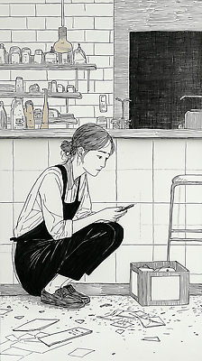 JPG 여자 포즈 일러스트 모션 대화 일상 스마트폰 공간 카페 교양 작업 소비 혼잡 집중 무릎 감성 소통 국내일러스트 AI일러스트 AI콘텐츠 컨셉 말하기 사람 라이프 신체부위 핸드폰 스마트기기 상점 파일형식