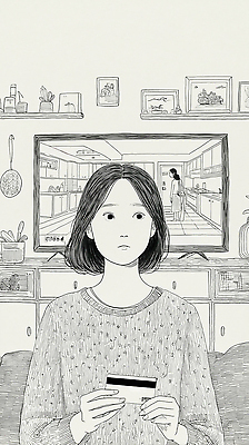 JPG 여자 감정 생각 거실 일러스트 가족 모션 주택 일상 소파 주방 텔레비전 편안함 집중 고민 장면 시청 국내일러스트 AI일러스트 AI콘텐츠 카드프레임 컨셉 의자 관계 프레임 사람 건물 라이프 전자제품 감각 관공서 파일형식