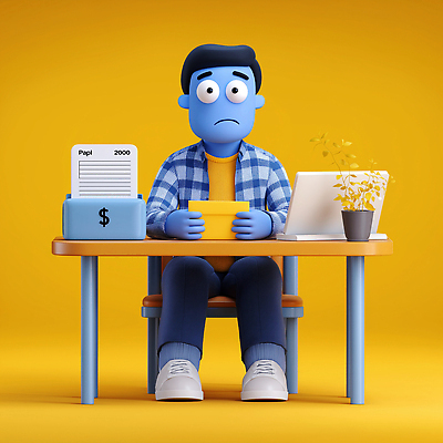 JPG 편집이미지 캐릭터 남자 화분 종이 설계 표정 일상 컴퓨터 사무실 노란색 책상 고민 걱정 재정 편집3D AI컴퓨터그래픽 AI콘텐츠 감정 컬러 가구 컨셉 비즈니스 사람 라이프 전자제품 3D 파일형식