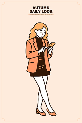 모델 드레스 여자 패션 감정 포즈 일러스트 장신구 거리 스마트폰 유행 검은색 주황색 재킷 카페 가을 도시 뷰티풀 스타일 국내일러스트 AI파일 옷 계절 컬러 사람 핸드폰 스마트기기 상점 외투 파일형식 벡터