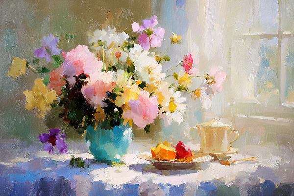 JPG 식물 꽃 예술 과일 일러스트 자연 탁자 집안 따뜻함 일상 생활 장식 햇빛 꽃병 분위기 오브젝트 화사함 감성 방안 뷰티풀 색감 유화 국내일러스트 AI일러스트 AI콘텐츠 가구 컨셉 실내 미술 라이프 태양 생태계 파일형식