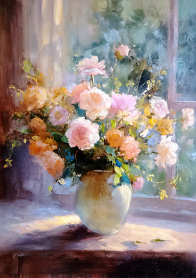 JPG 꽃잎 꽃 화초 일러스트 탁자 아침 장식 여름 정원 꽃병 봄 화려 꽃집 창가 부드러움 화사함 뷰티풀 유화 국내일러스트 AI일러스트 AI콘텐츠 주간 식물 계절 가구 컨셉 창문 미술 상점 감각 파일형식