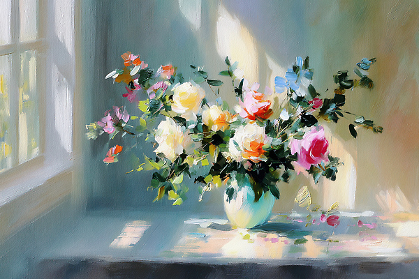 JPG 식물 꽃잎 꽃 예술 컬러 꽃다발 일러스트 실내 따뜻함 풍경 여름 햇빛 꽃병 창가 오브젝트 부드러움 화사함 조화 뷰티풀 유화 정물화 국내일러스트 AI일러스트 AI콘텐츠 계절 컨셉 창문 미술 내부 태양 감각 그림 파일형식