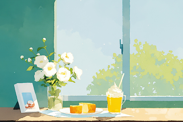 JPG 꽃 커피 음료 백그라운드 과일 일러스트 식탁 디저트 풍경 일상 햇빛 케이크 편안함 창가 즐거움 화사함 오후 국내일러스트 AI일러스트 AI콘텐츠 식물 감정 음식 컨셉 창문 탁자 라이프 태양 감각 파일형식