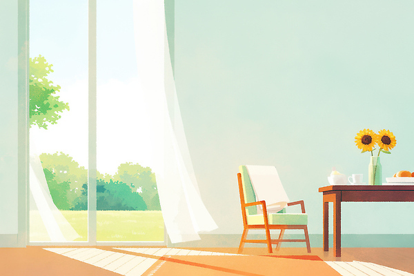 JPG 여유 가구 의자 일러스트 창문 자연 식탁 휴식 해바라기 주택 실내 일상 인테리어 햇빛 정원 방 저녁 편안함 오브젝트 다과 국내일러스트 AI일러스트 AI콘텐츠 디자인 꽃 감정 생활용품 컨셉 탁자 디저트 내부 건물 라이프 태양 감각 야간 생태계 파일형식
