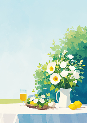 JPG 식물 디자인 꽃 음료 과일 일러스트 자연 탁자 아침 실내 풍경 여름 신선 상차림 화사함 뷰티풀 생화 국내일러스트 AI일러스트 AI콘텐츠 주간 계절 가구 컨셉 내부 생태계 파일형식