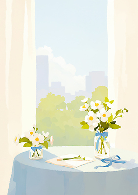 JPG 식물 디자인 꽃 컬러 일러스트 창문 자연 탁자 아침 휴식 풍경 야외 일상 빛 햇빛 평화 꽃병 편지 창가 조화 국내일러스트 AI일러스트 AI콘텐츠 주간 가구 컨셉 라이프 태양 생태계 파일형식