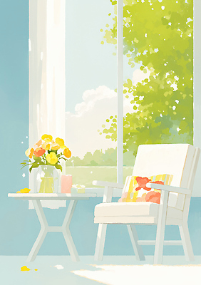 JPG 디자인 꽃 창 여유 컬러 의자 일러스트 자연 탁자 휴식 조명 실내 미소 장식 햇빛 봄 공간 편안함 뷰티풀 국내일러스트 AI일러스트 AI콘텐츠 식물 계절 감정 무기 가구 컨셉 표정 내부 태양 감각 생태계 파일형식