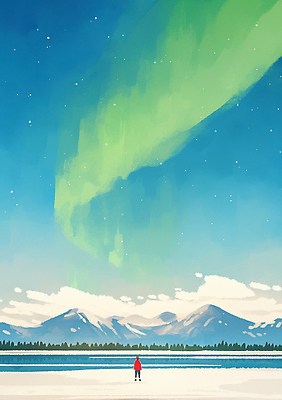 JPG 구름 별 호수 여행 겨울 일러스트 자연 하늘 사람 풍경 빛 얼음 고요 탐험 열기구 밤 신비 오로라 뷰티풀 산맥 국내일러스트 AI일러스트 AI콘텐츠 자연요소 계절 컨셉 항공교통 자연현상 산 견과류 생태계 파일형식