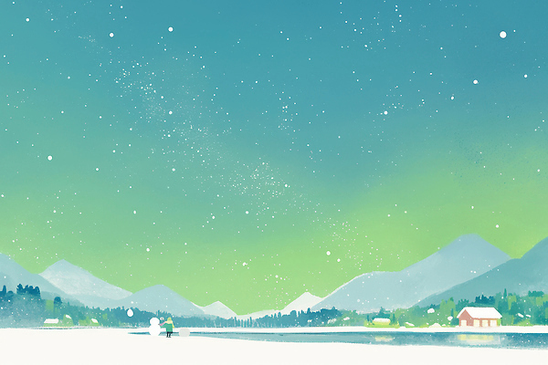 JPG 별 겨울 일러스트 자연 하늘 산 풍경 초록색 반짝임 평화 우주 마을 고요 일몰 새벽 시골 눈 조화 뷰티풀 국내일러스트 AI일러스트 AI콘텐츠 자연요소 계절 컬러 컨셉 모션 날씨 노을 생태계 파일형식