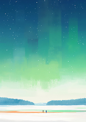 JPG 별 컬러 여행 크리스마스 겨울 야경 일러스트 자연 하늘 조명 사람 풍경 두명 평화 고요 감상 모임 강가 북극 뷰티풀 국내일러스트 AI일러스트 AI콘텐츠 자연요소 계절 기념일 컨셉 강 야간 극지방 생태계 파일형식 풍경_경치