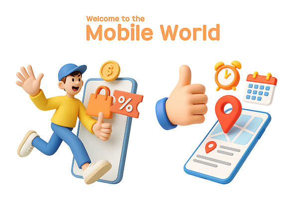 PSD 편집이미지 캐릭터 상징 모바일 기술 그래픽 스마트폰 쇼핑 세계 유행 디지털 편리함 소통 혁명 편집3D 컨셉 핸드폰 스마트기기 3D 파일형식