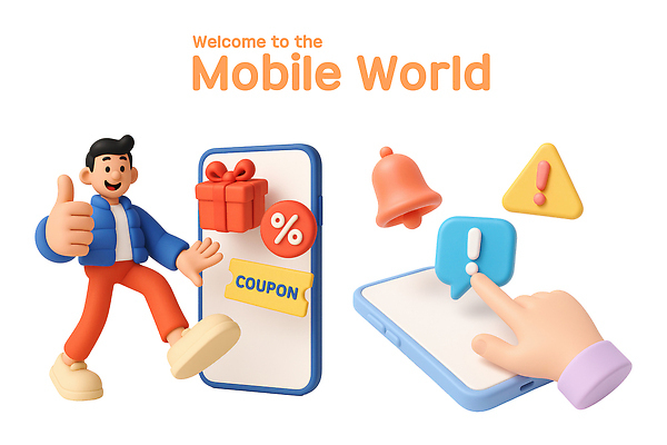 PSD 편집이미지 캐릭터 모바일 기술 스마트폰 세계 디지털 스크린 체험 알림 쿠폰 소통 혁명 혜택 편집3D 컨셉 핸드폰 스마트기기 3D 파일형식