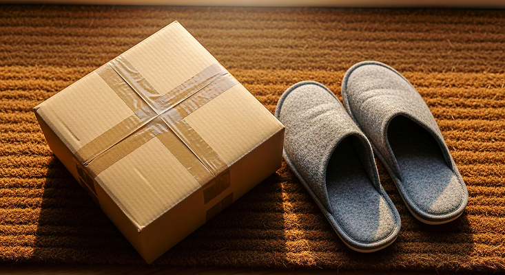 JPG 편집이미지 포장 아침 집안 슬리퍼 실내 일상 생활 상자 햇빛 공간 짐 편안함 배송 편집실사 AI포토 AI콘텐츠 주간 신발 내부 라이프 태양 감각 CG 파일형식