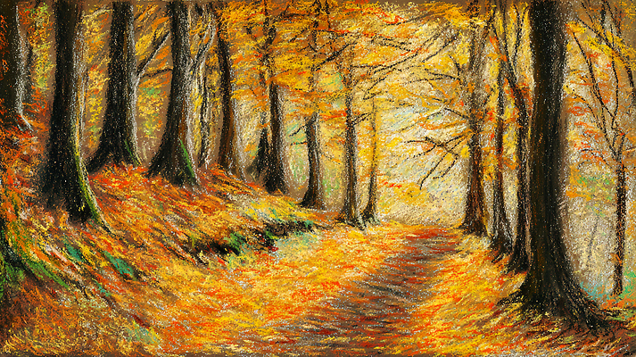 JPG 나무 계절 길 잎 일러스트 자연 풍경 노란색 환경 주황색 고요 일몰 산책 산책로 가을 변화 숲속 숲 색감 국내일러스트 AI일러스트 AI콘텐츠 식물 컬러 컨셉 휴식 노을 생태계 파일형식