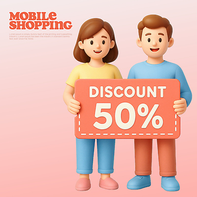 PSD 편집이미지 캐릭터 분홍색 백그라운드 쇼핑 세일 분위기 소비 고객 알림 즐거움 모바일쇼핑 마케팅 프로모션 편집3D 감정 컬러 컨셉 이벤트 3D 온라인쇼핑 파일형식