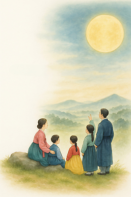 JPG 행복 일러스트 가족 자연 하늘 산 한국 따뜻함 웃음 풍경 야외 일상 평화 추석 화목 감상 모임 달 저녁 전통의상 소통 순간 국내일러스트 AI일러스트 AI콘텐츠 자연요소 전통 명절 감정 아시아 컨셉 관계 표정 라이프 야간 생태계 파일형식