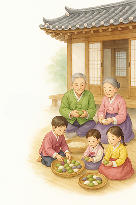 JPG 전통 문화 일러스트 가정 가족 놀이 떡 한국 함께함 풍경 추석 한복 손주 만들기 다과 오후 조부모 국내일러스트 AI일러스트 AI콘텐츠 한국전통 명절 아시아 컨셉 관계 모션 디저트 전통의상 파일형식