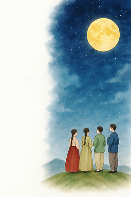 JPG 한국전통 별 문화 일러스트 자연 밤하늘 함께함 이야기 풍경 야외 친구 평화 추석 모임 보름달 한복 즐거움 소통 교감 국내일러스트 AI일러스트 AI콘텐츠 자연요소 전통 명절 감정 컨셉 관계 하늘 한국 달 야간 전통의상 생태계 파일형식