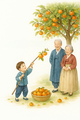 JPG 나무 전통 명절 할아버지 행복 할머니 어린이 과일 일러스트 가족 손자 귤 한국 웃음 추석 농사 수확 시골 농부 과일따기 국내일러스트 AI일러스트 AI콘텐츠 식물 직업 여자 기념일 노년 남자 감정 아시아 농업 관계 표정 사람 손주 파일형식