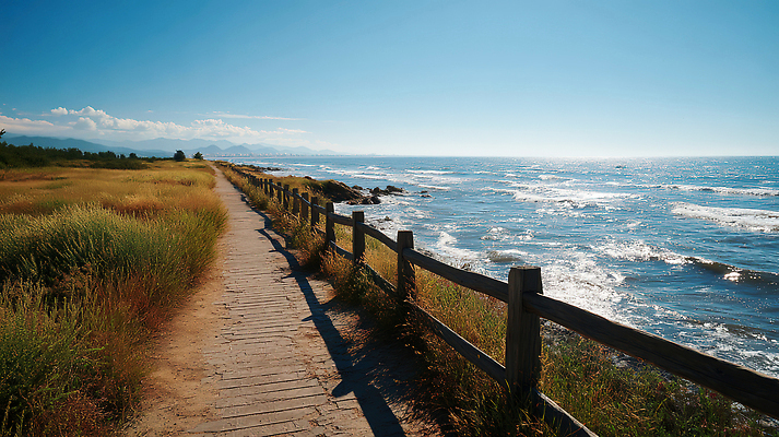 JPG 편집이미지 감정 파도 바다 자연 하늘 풍경 해변 여름 파란색 햇빛 평화 산책 산책로 보행로 편집실사 AI포토 AI콘텐츠 계절 길 컬러 컨셉 휴식 태양 CG 생태계 파일형식