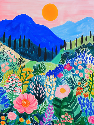 JPG 식물 꽃 예술 컬러 일러스트 자연 하늘 생명 수채화 산 풍경 잔디 여름 태양 환경 기쁨 드로잉 조화 뷰티풀 창의성 국내일러스트 AI일러스트 AI콘텐츠 자연요소 계절 감정 미술 생태계 파일형식