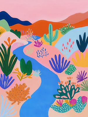 JPG 식물 꽃 일러스트 자연 산 선인장 풍경 강 사막 다양 개울 그림 조화 채색 색감 유화 디지털아트 국내일러스트 AI일러스트 AI콘텐츠 다수 미술 생태계 파일형식