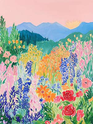 JPG 나무 식물 꽃 예술 컬러 꽃밭 일러스트 자연 하늘 산 풍경 여름 태양 일출 봄 기쁨 화려 조화 뷰티풀 국내일러스트 AI일러스트 AI콘텐츠 자연요소 계절 감정 컨셉 노을 생태계 파일형식