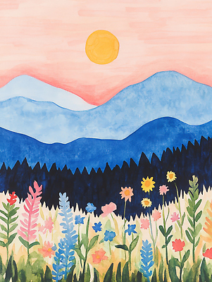 JPG 사계절 꽃 감정 컬러 일러스트 자연 하늘 풍경 초원 야외 여름 태양 평화 황혼 일몰 즐거움 그림 뷰티풀 산맥 국내일러스트 AI일러스트 AI콘텐츠 자연요소 식물 계절 컨셉 산 노을 생태계 파일형식