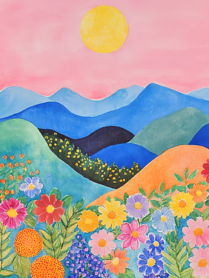 JPG 구름 꽃 예술 컬러 농업 일러스트 자연 하늘 산 풍경 여름 평화 일출 언덕 그림 원예 조화 뷰티풀 오후 창의성 국내일러스트 AI일러스트 AI콘텐츠 자연요소 식물 계절 산업 컨셉 취미 노을 생태계 파일형식