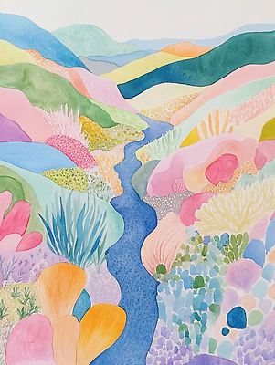 JPG 모양 식물 예술 컬러 일러스트 자연 하늘 수채화 산 강 태양 계곡 흐름 땅 조화 뷰티풀 색채 풍경화 풍요 국내일러스트 AI일러스트 AI콘텐츠 자연요소 컨셉 그림 생태계 파일형식