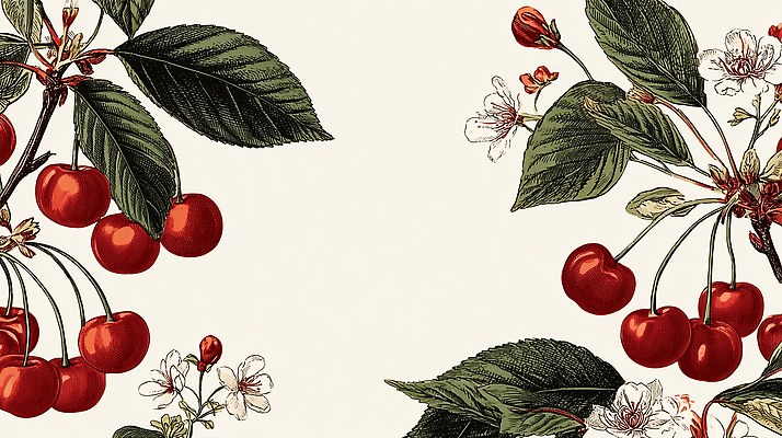 JPG 식물 전통 열매 꽃잎 꽃 잎 과일 일러스트 자연 생물 빨간색 흰색 체리 과수원 원예 조화 채색 뷰티풀 국내일러스트 AI일러스트 AI콘텐츠 컬러 농업 미술 취미 생태계 파일형식