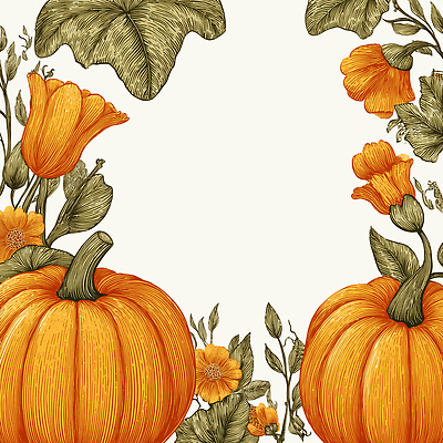JPG 식물 문양 계절 꽃 컬러 백그라운드 일러스트 자연 생명 호박 나뭇잎 풍경 장식 농장 주황색 가을 장면 화합 뷰티풀 테마 국내일러스트 AI일러스트 AI콘텐츠 잎 농업 채소 생태계 파일형식