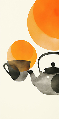 JPG 디자인 음료 일러스트 주전자 아침 따뜻함 컵 여름 평화 주황색 차 찻잔 오브젝트 그림 감성 조화 색감 국내일러스트 AI일러스트 AI콘텐츠 주간 식기 계절 컬러 컨셉 주방용품 잔 파일형식