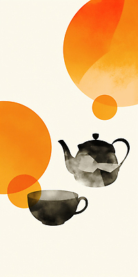 JPG 디자인 예술 컬러 일러스트 주전자 따뜻함 그래픽 컵 주황색 원형 분위기 차 모던 감성 생동감 국내일러스트 AI일러스트 AI콘텐츠 도형 식기 음료 컨셉 주방용품 파일형식