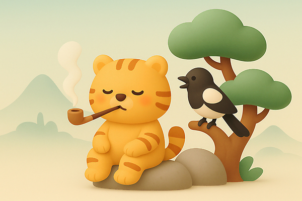 JPG 나무 동물 편집이미지 캐릭터 여유 자연 조류 흡연 풍경 친구 평화 시간 호랑이 파이프 까치 편집3D AI컴퓨터그래픽 AI콘텐츠 식물 감정 컨셉 포유류 관계 담배 3D 생태계 파일형식