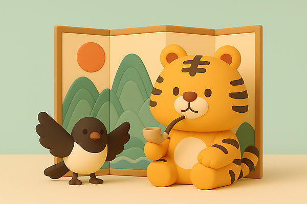 JPG 편집이미지 캐릭터 컬러 백그라운드 모션 조류 미소 친구 평화 귀여움 호랑이 편안함 그림 까치 장면 부드러움 설치미술 편집3D AI컴퓨터그래픽 AI콘텐츠 동물 컨셉 포유류 관계 표정 3D 감각 파일형식