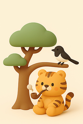 JPG 나무 동물 편집이미지 캐릭터 컬러 자연 조류 풍경 장식 조형물 귀여움 호랑이 즐거움 파이프 까치 편집3D AI컴퓨터그래픽 AI콘텐츠 식물 감정 컨셉 포유류 미술 3D 생태계 파일형식