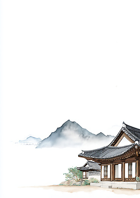 JPG 전통 건축 문화 여행 일러스트 자연 아침 산 한옥 한국 대화 풍경 정원 고요 안개 역사 조화 뷰티풀 고택 국내일러스트 AI일러스트 AI콘텐츠 주간 한국전통 건축물 아시아 고건축 날씨 말하기 생태계 파일형식