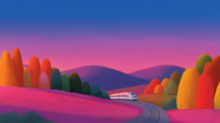 JPG 나무 편집이미지 컬러 여행 자연 하늘 풍경 기차 가을 언덕 감성 고속열차 풍경화 이미지편집 AI컴퓨터그래픽 AI콘텐츠 식물 계절 육상교통 컨셉 대중교통 그림 생태계 파일형식