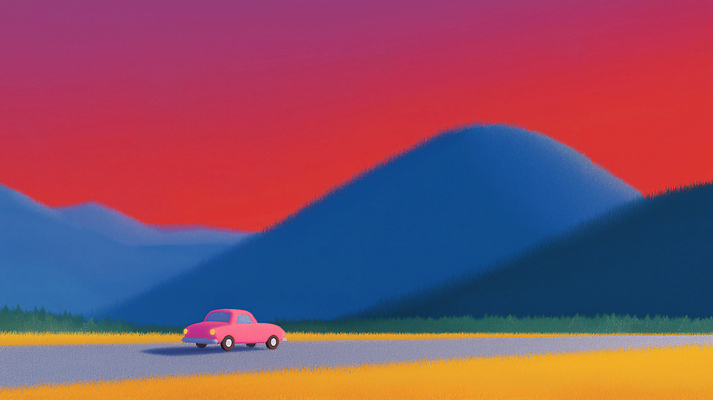 JPG 편집이미지 길 여유 분홍색 여행 자동차 자연 하늘 산 풍경 초원 파란색 노란색 저녁 주행 뷰티풀 이미지편집 AI컴퓨터그래픽 AI콘텐츠 감정 육상교통 컬러 야간 생태계 파일형식