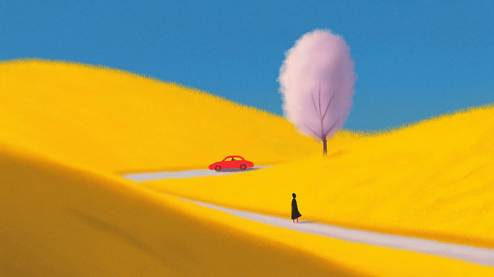 JPG 편집이미지 여유 이동 자연 풍경 고요 산책 고독 조화 단순화된 빨간차 이미지편집 AI컴퓨터그래픽 AI콘텐츠 감정 컨셉 자동차 휴식 생태계 파일형식