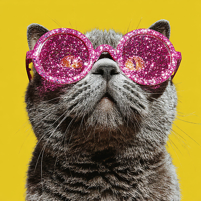 JPG 동물 편집이미지 패션 분홍색 포즈 백그라운드 웃음 반짝임 선글라스 노란색 귀여움 고양이 관찰 화려 즐거움 스타일 이미지편집 AI컴퓨터그래픽 AI콘텐츠 감정 안경 컬러 컨셉 포유류 모션 표정 반려동물 파일형식