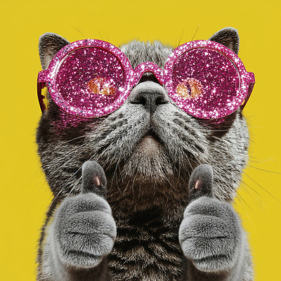 JPG 동물 편집이미지 패션 포즈 털 웃음 장식 반짝임 반려동물 선글라스 노란색 귀여움 고양이 엄지손가락 긍정 이미지편집 AI컴퓨터그래픽 AI콘텐츠 안경 컬러 컨셉 포유류 손가락 모션 표정 파일형식