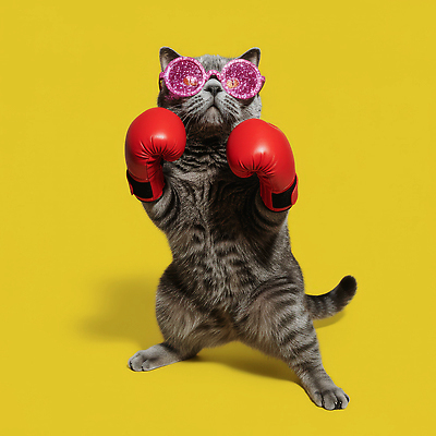 JPG 동물 편집이미지 안경 스포츠 상징 분홍색 포즈 장갑 장신구 반려동물 노란색 유행 귀여움 고양이 권투 즐거움 이미지편집 AI컴퓨터그래픽 AI콘텐츠 잡화 감정 컬러 컨셉 포유류 격투기 파일형식