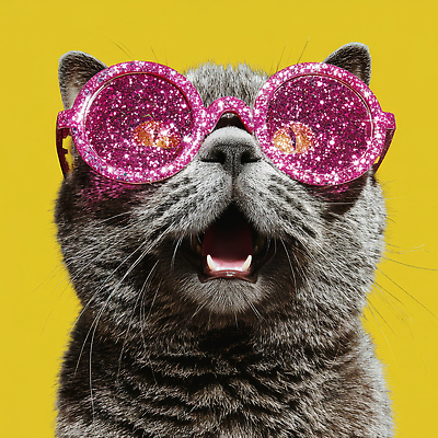 JPG 동물 편집이미지 분홍색 백그라운드 표정 웃음 반짝임 반려동물 노란색 귀여움 고양이 스타일 이미지편집 AI컴퓨터그래픽 AI콘텐츠 컬러 컨셉 포유류 모션 파일형식