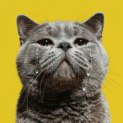JPG 동물 편집이미지 감정 포즈 털 표정 귀여움 고양이 회색 눈 분위기 눈물 노란배경 생동감 우울감 이미지편집 AI컴퓨터그래픽 AI콘텐츠 자연요소 컬러 백그라운드 컨셉 포유류 날씨 반려동물 노란색 파일형식